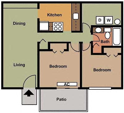 Floor plan for 2 beds, 1 bath, 864 sqft